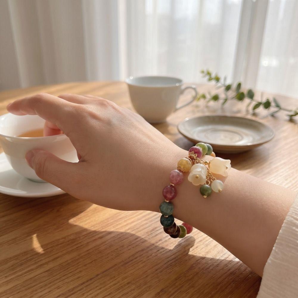 Elastic Rope Orchid Flower Bracelet Floral Women Bangle Trendy Colorful Beads Bracelet Summer