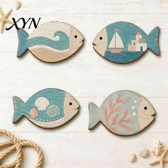Beach House Wall Decor for Home 4Pcs Wooden Hanging Fish Art, Coastal Bathroom Plaque with Nautical Art Living Room Theme Bedroom, Rustic Ornament,