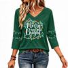 Women's V Neck 3/4 Sleeve Christmas Print Pullover Top Casual Holiday Shirt