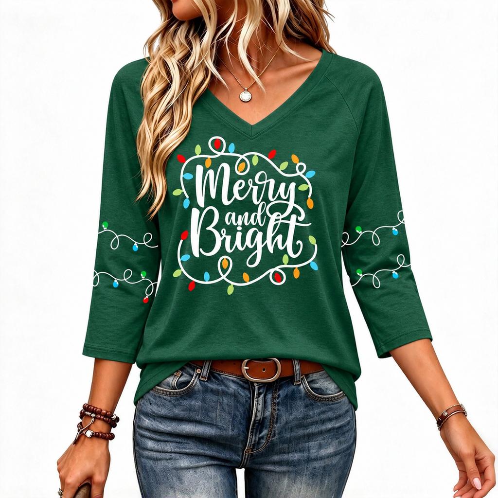 Women's V Neck 3/4 Sleeve Christmas Print Pullover Top Casual Holiday Shirt