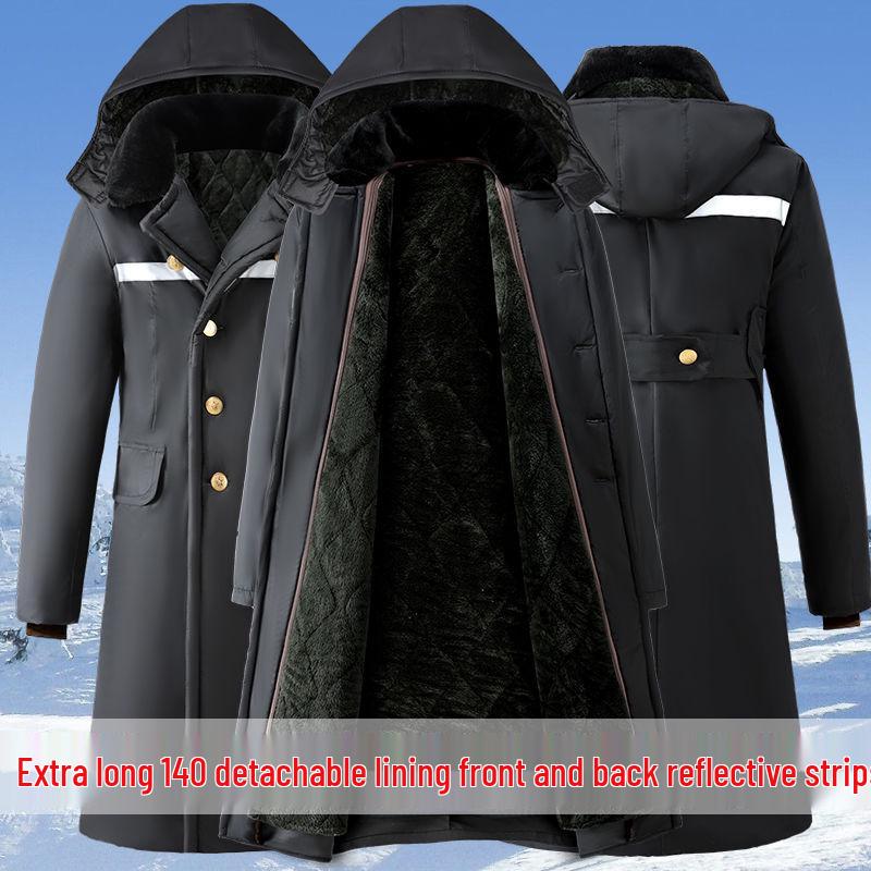 Men's Extra Long Winter Coat - Army Green, Waterproof, Windproof, Thickened Cotton with Removable Velvet Lining, Coldproof for Northeast Winters.