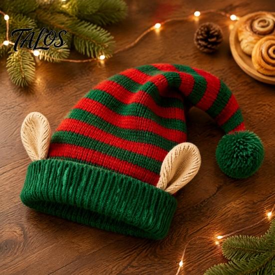 Striped Christmas Hat Elf with Ears And Pom Pom, Knitted Holiday Costume Props for Adults Santa Hat, Soft Warm Kids, Party Comfortable Knit Cap Winter