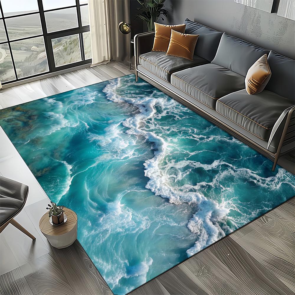 2025 New Style Blue Green Seawater Sea Wave Scenery Carpet Rug for Living Room Bedroom Home Sofa Decoration,Non-slip Floor Mat