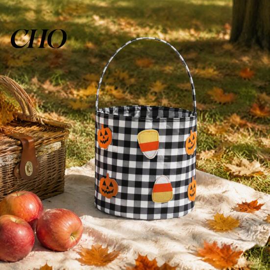 Checkered Fabric Bags Halloween Bucket, Trick or Treat Basket for Kids Boys Girls, Plaid Pumpkin Fall Festival Decorations Bat Ghost Candy Tote