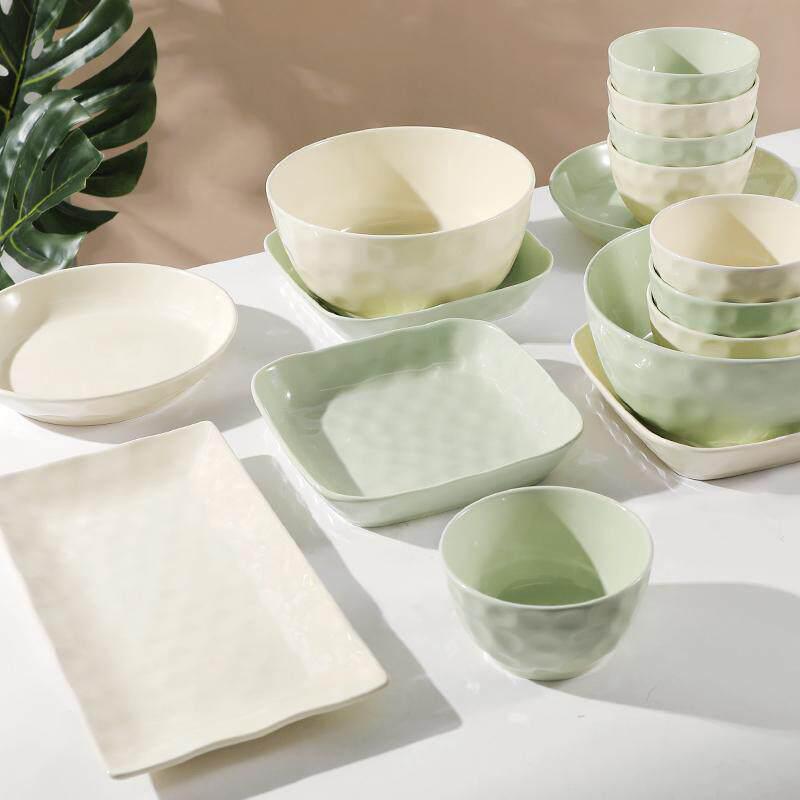 Simple Solid Color Dishware Set: Milk White & Green, Includes Rice Bowls, Plates, Serving Plates & Soup Bowls, for 4-10 People Dining.