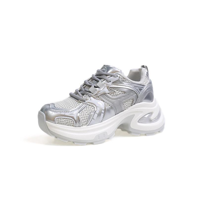 2025 Summer Thin Silver Thick-soled Heightening Dad Shoes Women's Mesh Breathable Versatile Casual Sports Shoes Ins