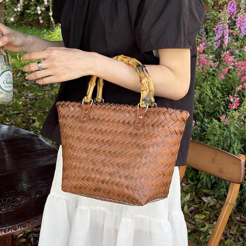 Elegant Handmade Bamboo Woven Tote – Stylish Rattan-Style Beach & Makeup Bag