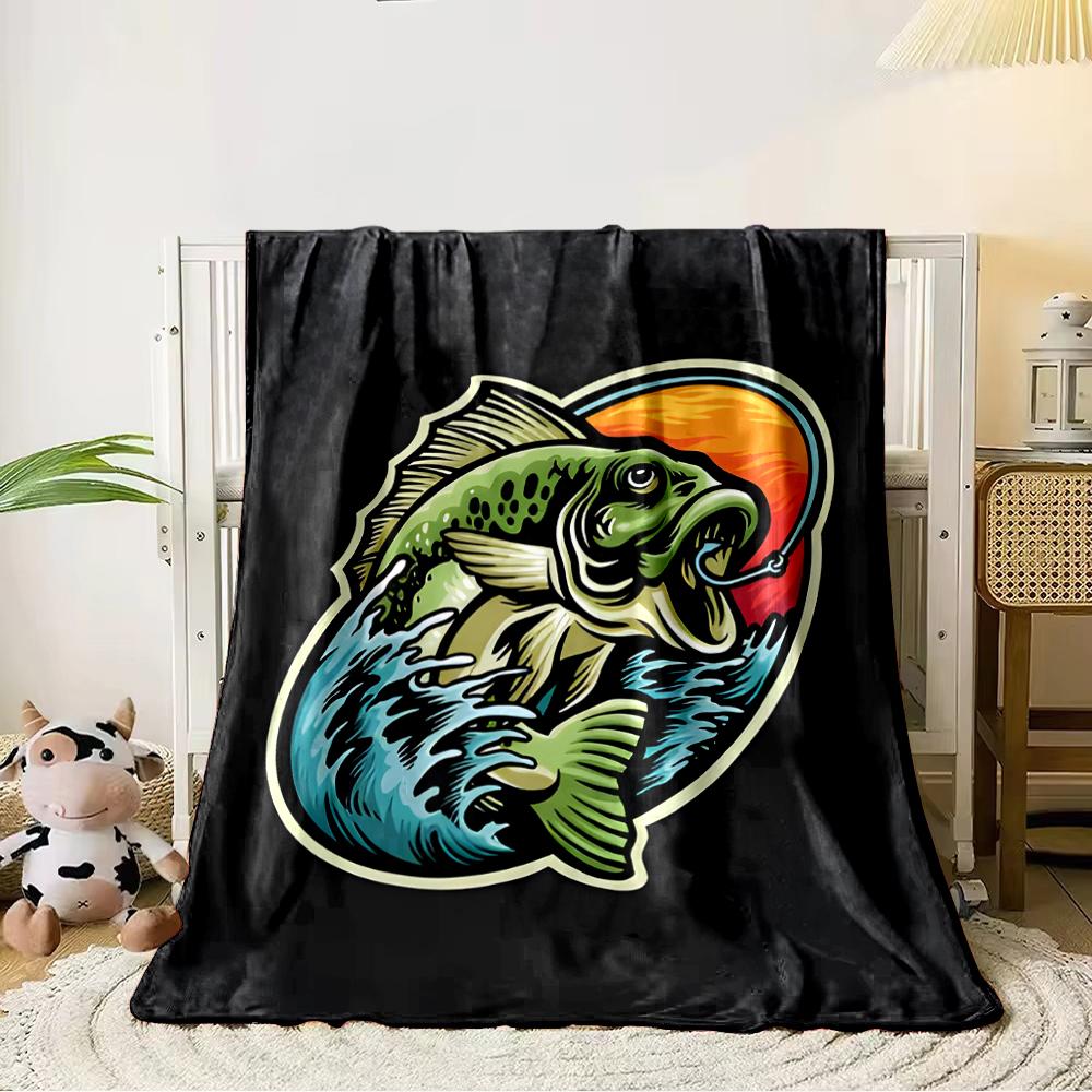 Jumping Bass Fish Art with Sunset Background Flannel blanket for bedroom, living room, sofa, and nap sofas