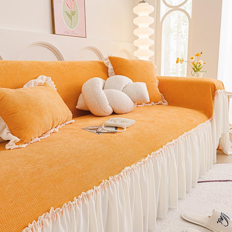 Cream Style Sofa Throw, Full Coverage All-Season Lace Skirt Sofa Cover, Universal Full Package Blanket