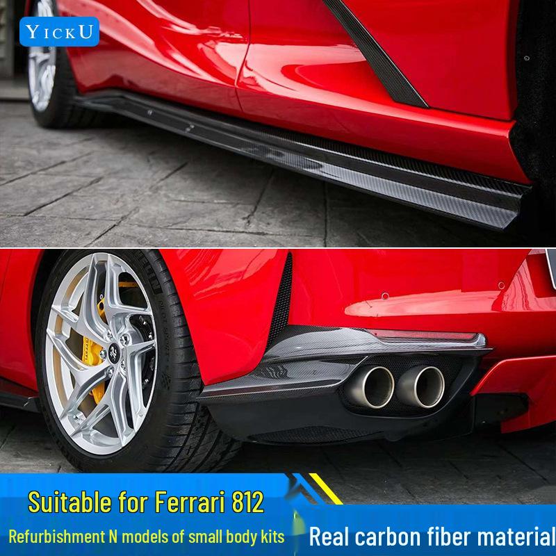 Fits Ferrari 812 N Models: Real Carbon Fiber Front Lip, Side Skirts, Center Lip, Rear Bumper Corners, Tail Wing Trim, Mirror Housings.