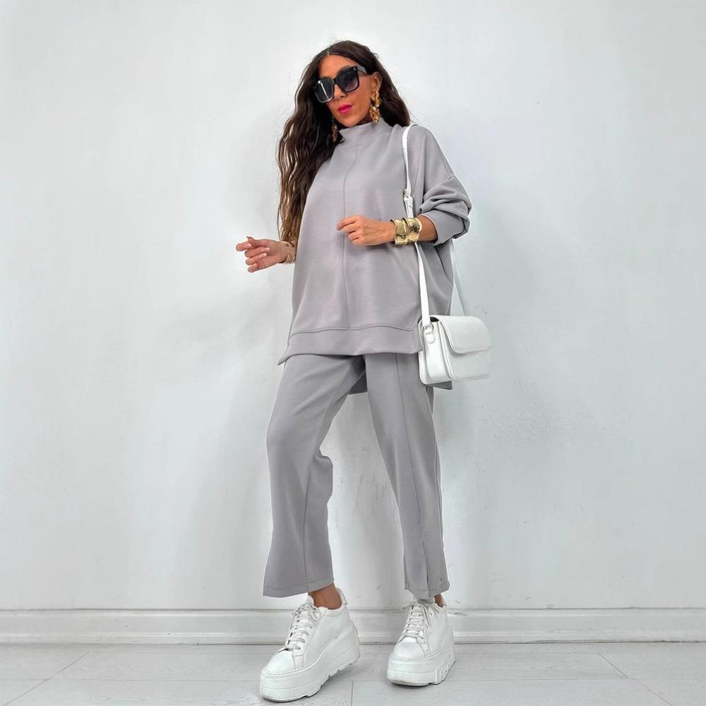 New Autumn and Winter Women's Fashion Casual Set, Solid Color Long-sleeved Shirt and Long Pants Split Two-piece Set