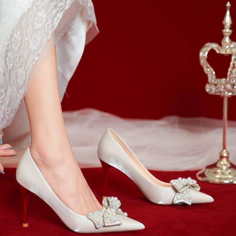 Pointed High Heels Wedding Shoes Women's 2025 New Xiuhe Wedding Dress Two Wear Bride Shoes Champagne Stiletto Bridesmaid Shoes Spring