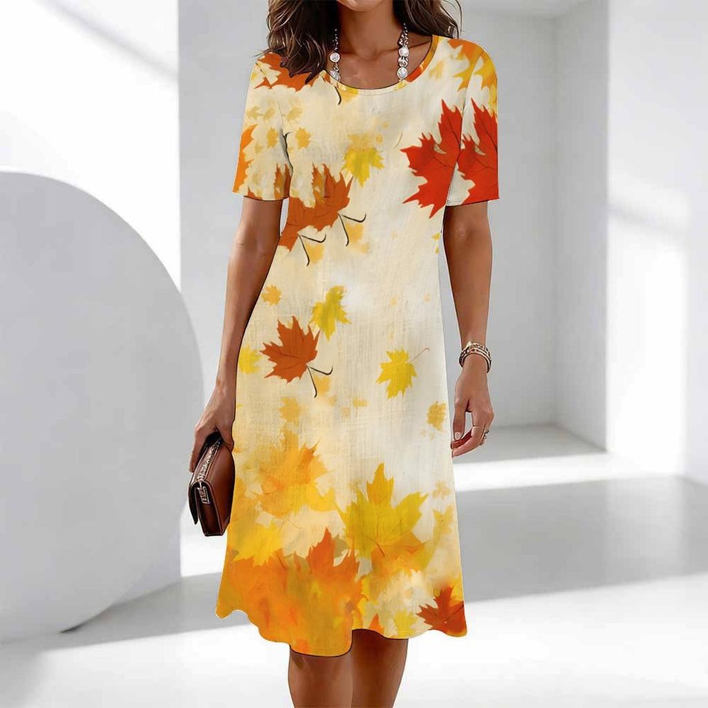 Women's Fashion Graceful Beautiful Broken Flowers and Fruits Print Summer Spring Short Sleeve O-Neck Casual Dresses