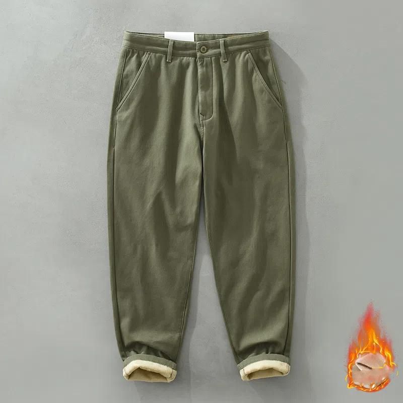 Winter Warm Pants Japanese Style Men's Pants Daily Casual Fleece Pants Straight Gray Pants Simple Thicken Men Trousers