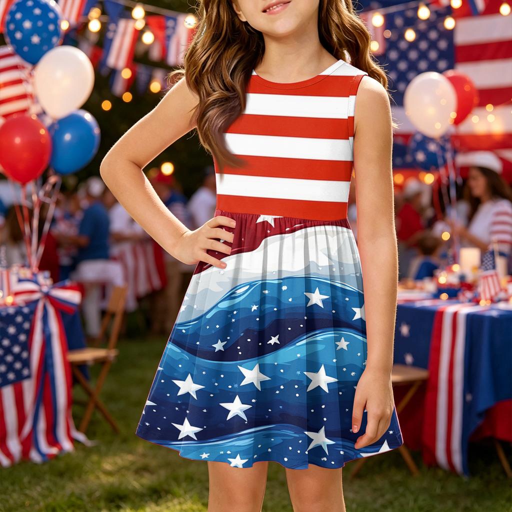 Girls' Summer Princess Dress - A-Line Vest Splice Dress Independence Day