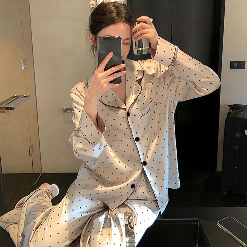 Spring Women Sleepwear Set Autumn Pajama Set Turn Down Collar Faux Silk Satin Long Sleeve Polka Dot Print Female Pijama HomeWear