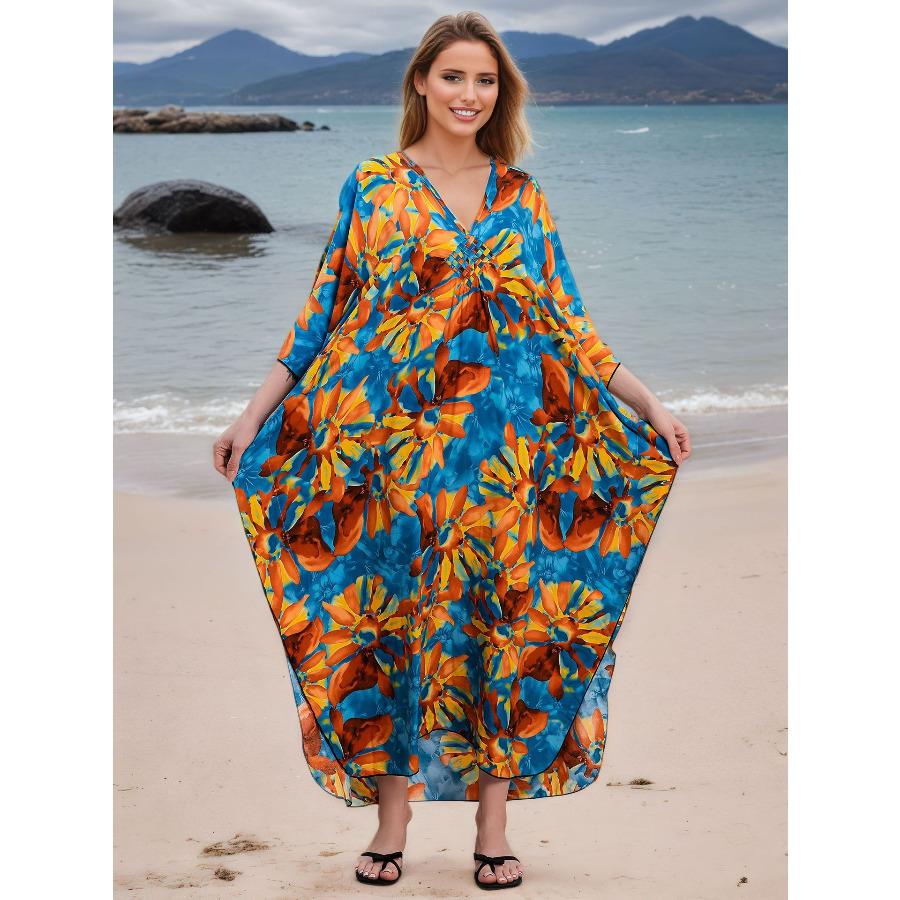 

Women s Flowy Beach Maxi Dress Long Kaftan with Chest Weave Cutout, Boho Swim Cover Up 1012 One size fits all