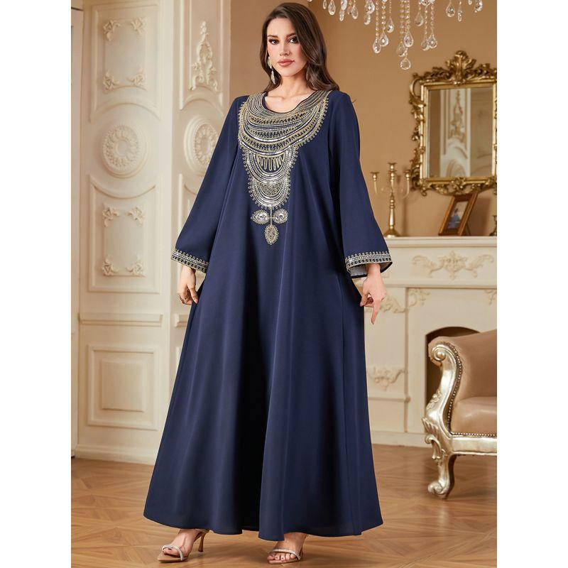 Middle East Cross-Border Dubai Loose Plus size Long sleeve Embroidery Dress Arabic Solid Women clothes Robe Dress