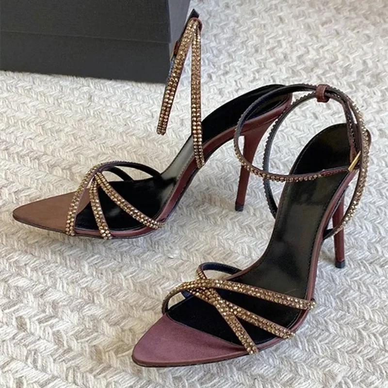 Women's Crystal High Heel Sandals Summer Sexy Pointed Toe Stilettos Brown Satin Rhinestone Ankle Strap Party Wedding Shoes