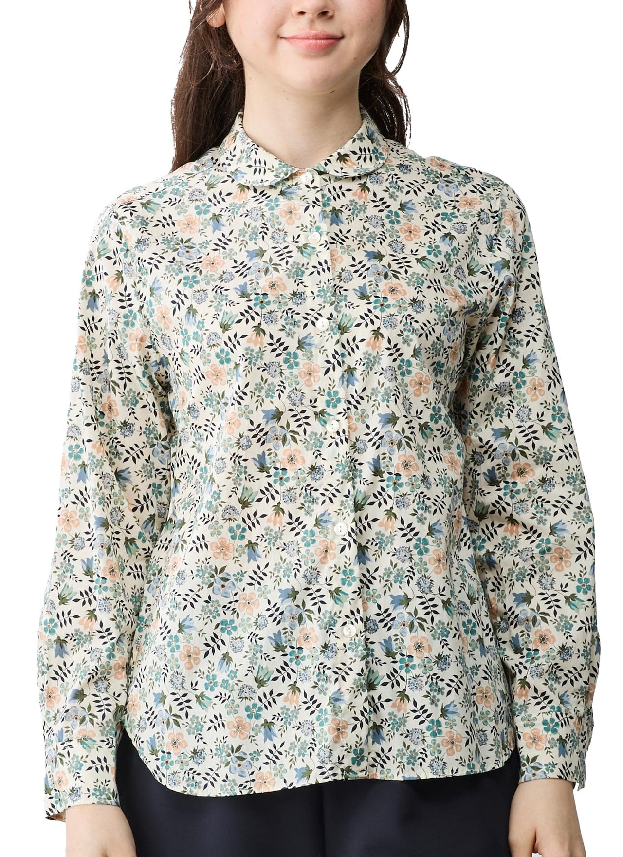 

920 Сделано в Японии Рубашка с круглым воротником Liberty Блузка Топ Длинный рукав Tana Lawn E Слоновая кость x Зеленый Мелкий цветочный [SPAN] Женская (М, Узор)