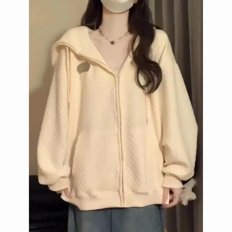 

Waffle Solid Color Casual Versatile Hooded Sweatshirt for Women Spring Autumn Thin Loose Chic Zipper Cardigan Jacket S абрикосовий