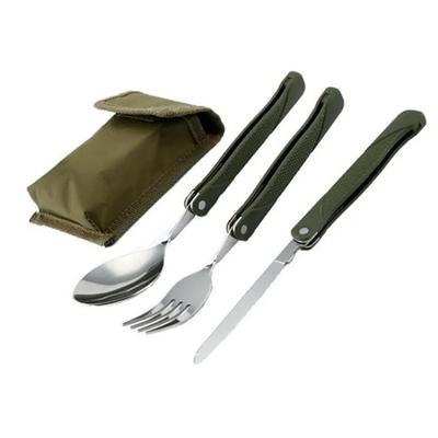 Folding Cutlery Set Fork Knife with Army Green Pouch Survival Camping Bag Outdoor Cutlery Stainless Steel Portable Tableware