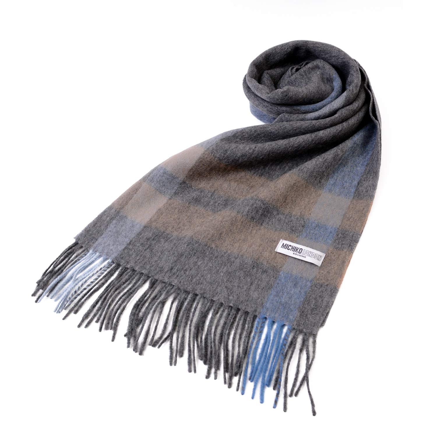 Michiko London Brand Wool Cold Check Pattern Scarf, Unisex, Weather, (Pattern A Gray)