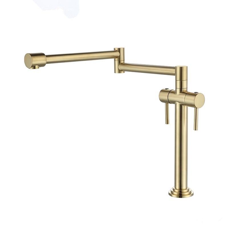Tuqiu Brushed Gold Pot Filler Tap Deck Mounted Foldable Black Kitchen Faucet Hot Cold Sink Tap Rotate Folding Spout Gold Brass