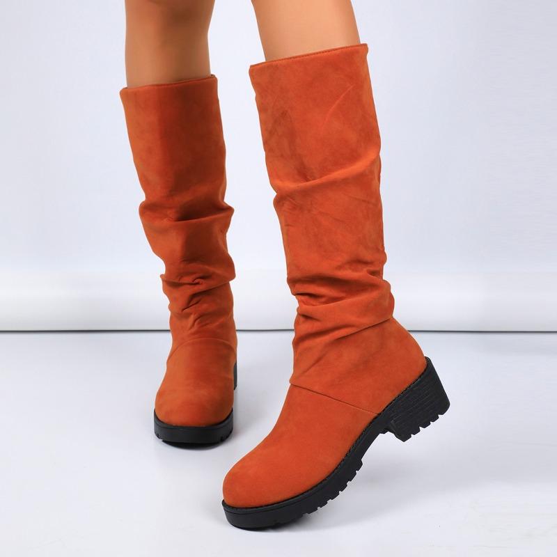 Fashion Women's Fashion Thick Heel Single Boots Winter New Round Head Suede Sleeve Fold Anti-slip Wear-resistant High Boots