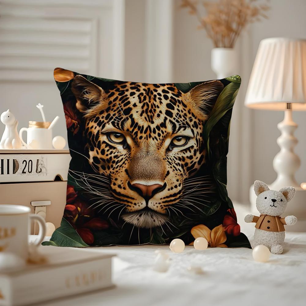 Uropäische Mode Leopard mit Kranz Tiere Porträt Malerei Kissenbezug Hausstaubmilbenabweisender Kissenbezug Verdeckter Reißverschluss Seidiger Shor