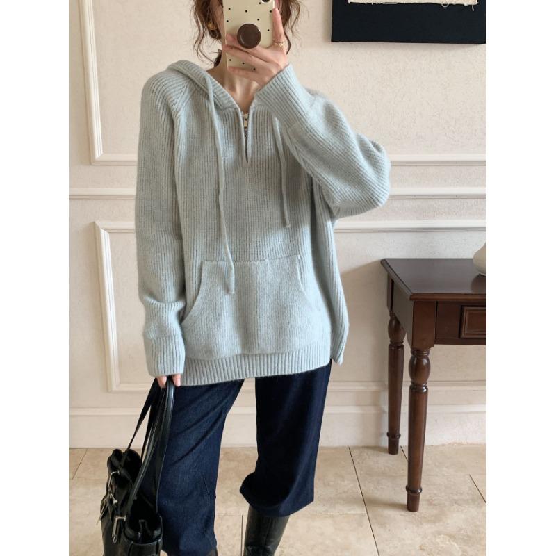 Autumn and Winter New Pullover Sweater Women's Half Zipper Hooded Casual Lazy Wind Outside Knitted Sweater Top