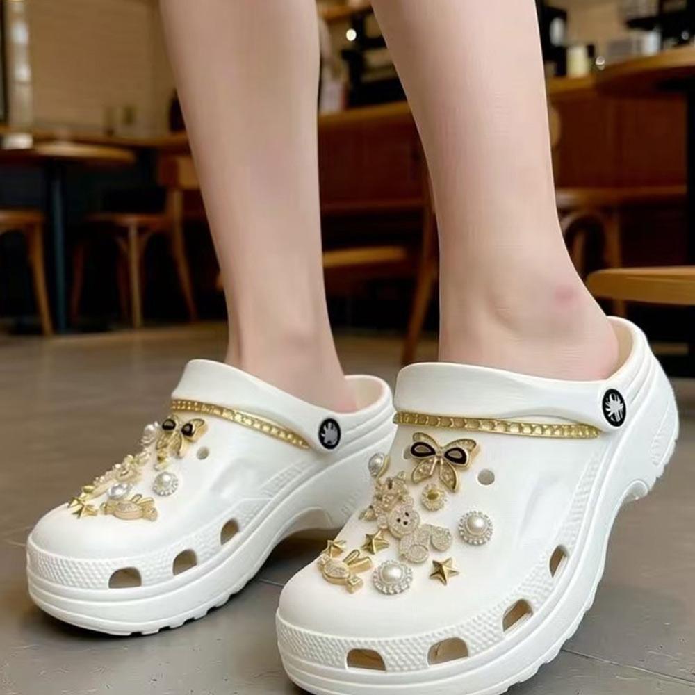 24PCS Luxury Design Shoe Charms Set Accessories for Clogs Shoe Buckle Gold Plated Bear Rhinestone Bow Chain DIY Shoes Decoration