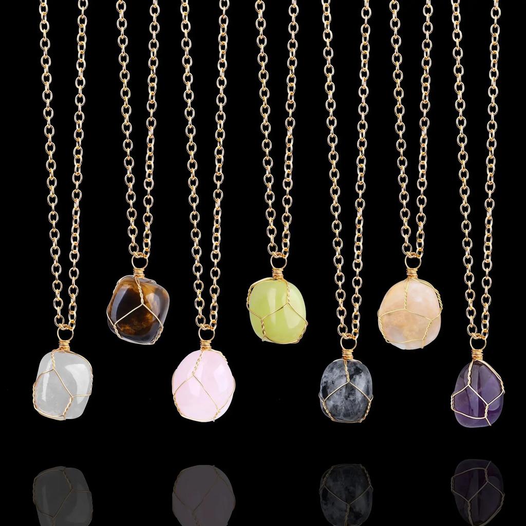 Natural Raw Stone Crystal Quartz Pendant Necklace for Women Irregular Crystal Wrapped Gold Wire Chakra Gemstone Wrap Jewelry 1pc