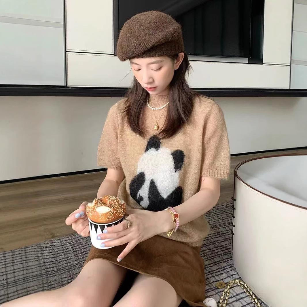 

2025 Spring European-Style Panda Knit Top - Women s High-End Half Sleeve Sweater S верблюд