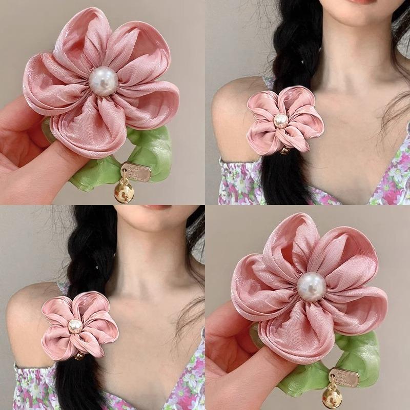 French Stain Rose Flower Elastic Hairbands Women Girls Hair Ropes Ties Flower Hair Scrunchies Ponytail Holder Hair Accessories