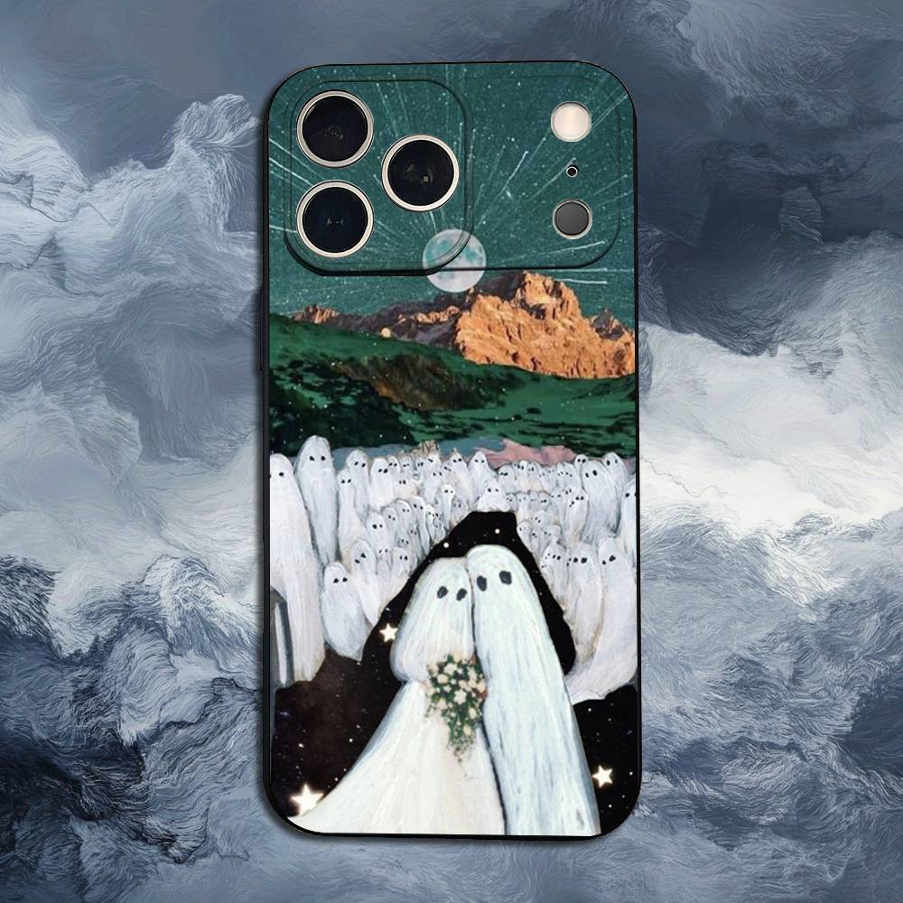 Lovely ghost Case For iPhone 12,14,15,16,17,13,11,X,Mini,Plus,Pro Max,8,7,XR,SE,XS,Soft Silicone Black