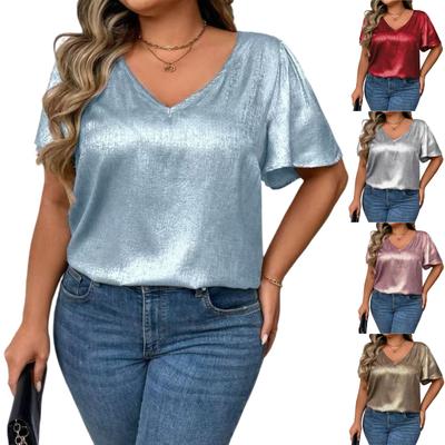 T-shirty damskie plisowane z dekoltem R eleganckie casualowe bluzki z nadrukiem z krótkim rękawem letnie topy luźny krój