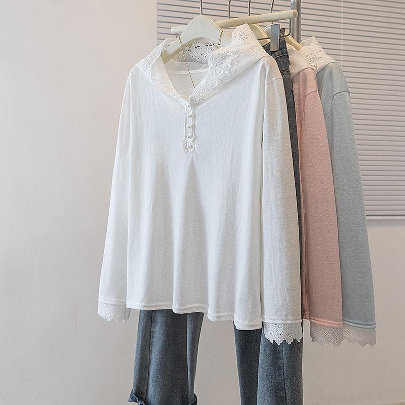 

2026 Plus Size Women s Lace Trim Patchwork Hooded Sweatshirt - New Lazy Style, Loose Fit 3XL білий