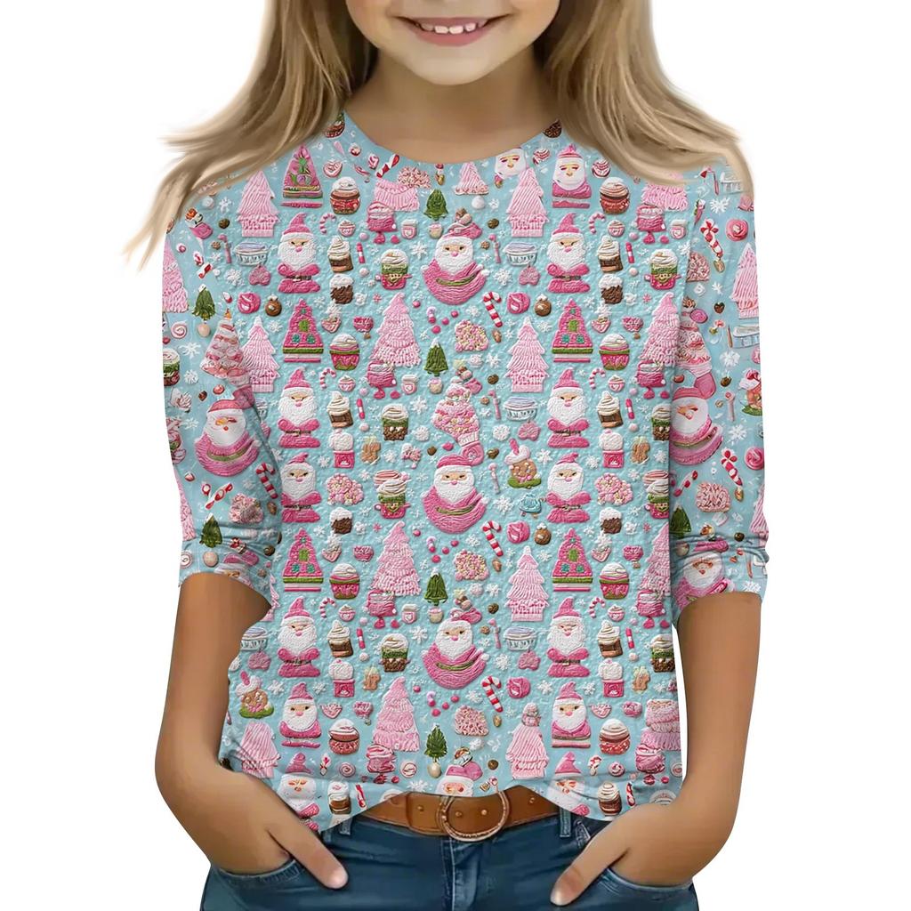 Children's 3/4 Sleeve Tops Casual Christmas Print T Shirt Round Neck Pullover Blouse