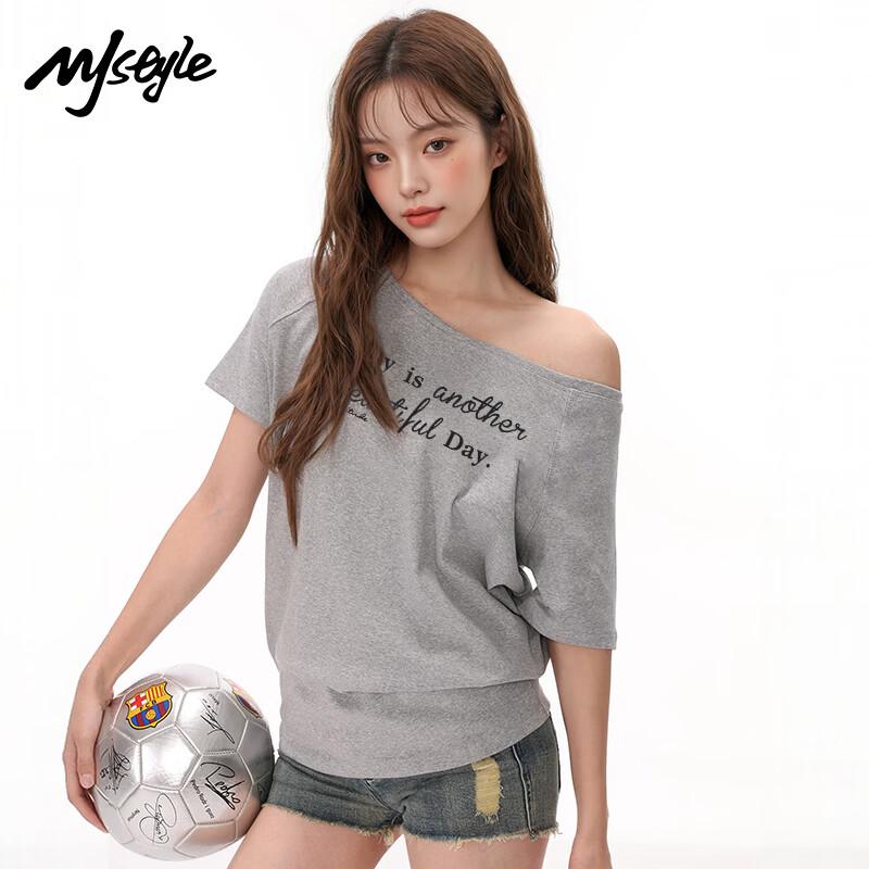 MJ STYLE Women s One-Shoulder Letter Print T-Shirt XL