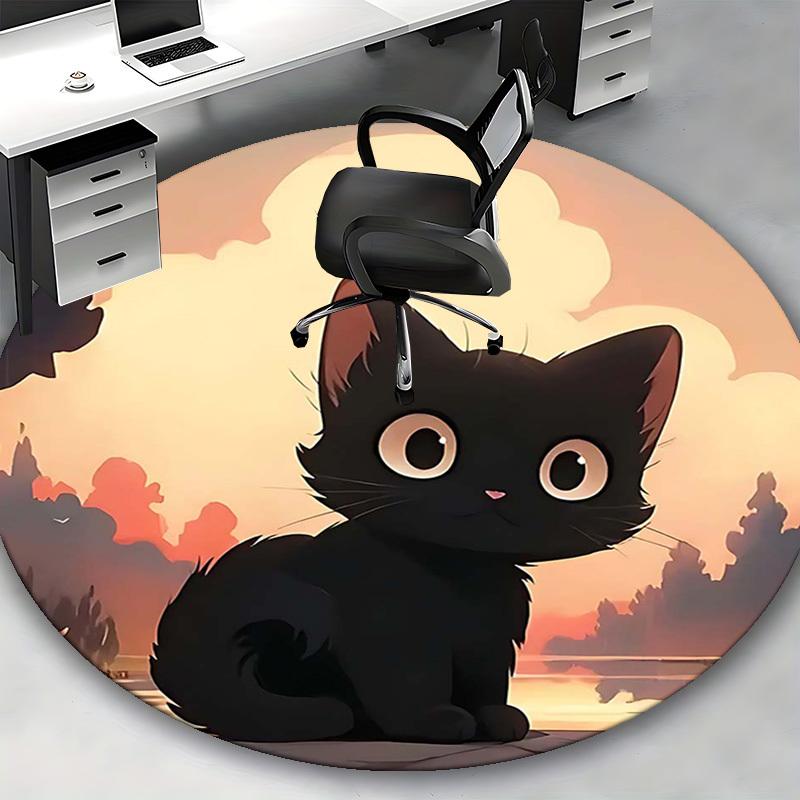 1pc Anime Design Round Carpet Cute Black Cat Sunset Print Chair Mat for Office, Home Decor, Living Room, Bedroom, Game Room Gift