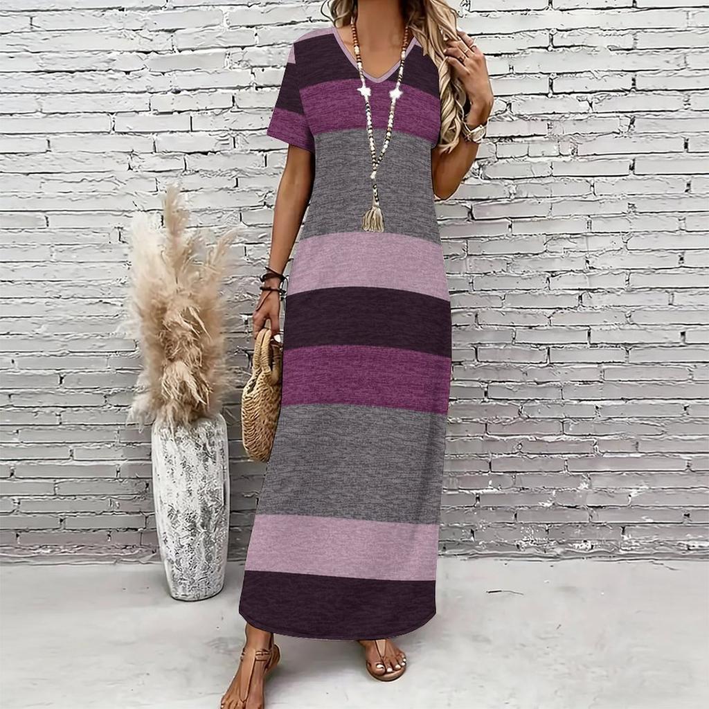 Women Plus Size V Neck Short Sleeve Geometric Printed Straight Maxi Dress