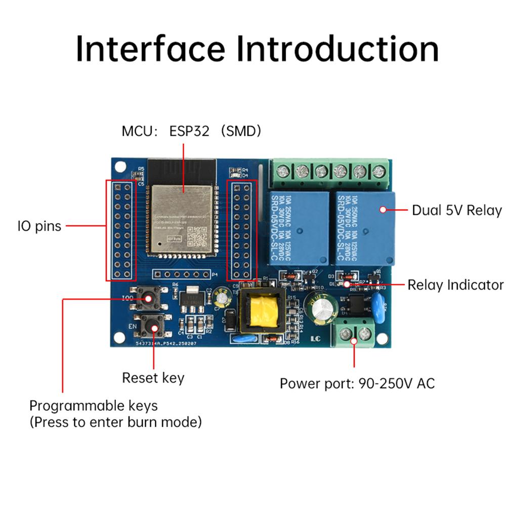 AC220V Power Supply ESP32 WIFI Bluetooth-Compatible 2 Channel Relay Module ESP32 Development Board Electronic Component Kit