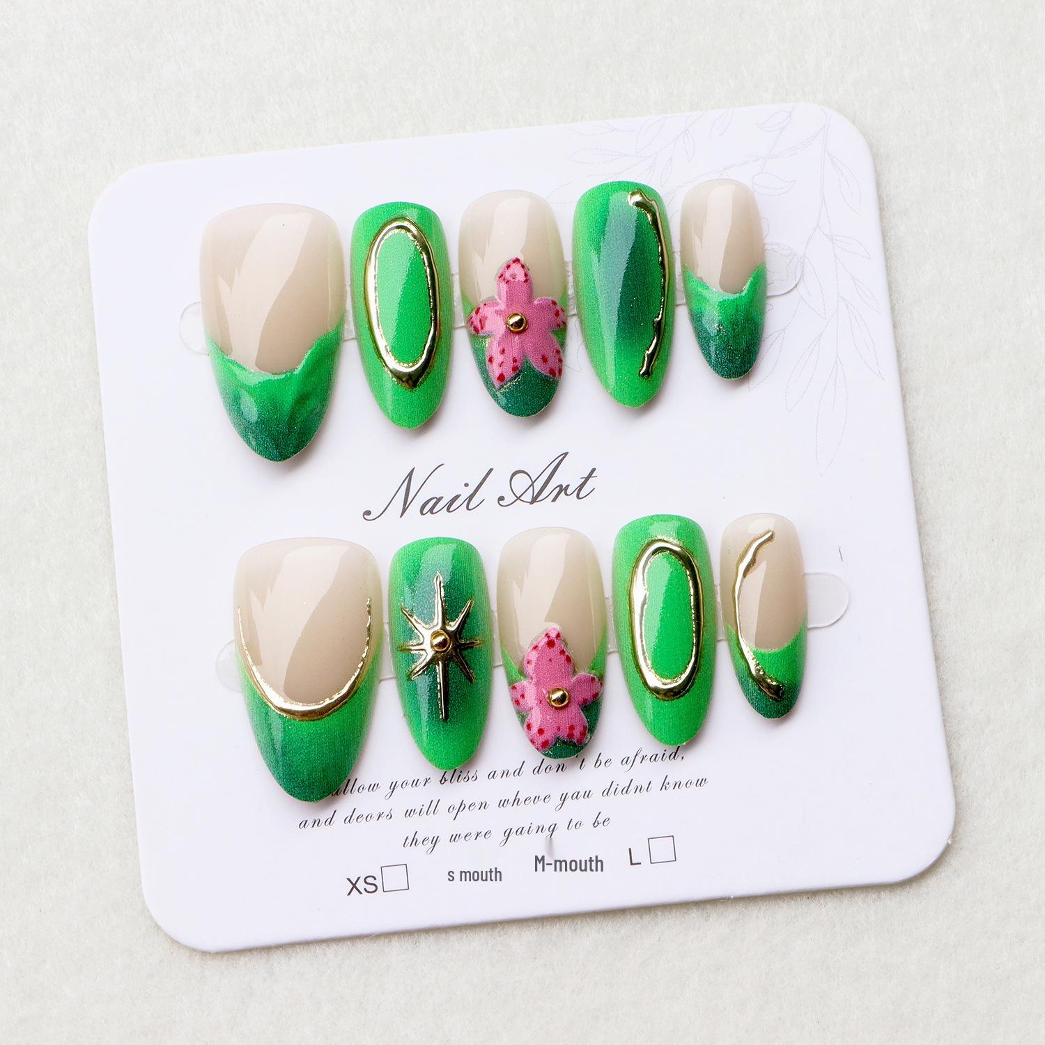3D Almond-Shaped Wearable Nails: High-End Embossed Neon Green Nail Tips