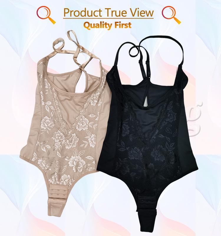 Body con spalline sottili in pizzo, schiena a T, con sostegno al seno e modellante in vita