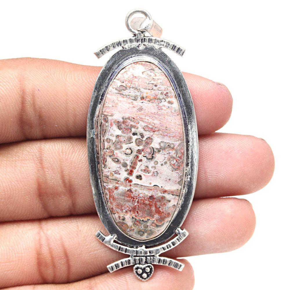 Necklace Leopard Skin Jasper Gemstone Handmade Antique Silver Jewelry 2"