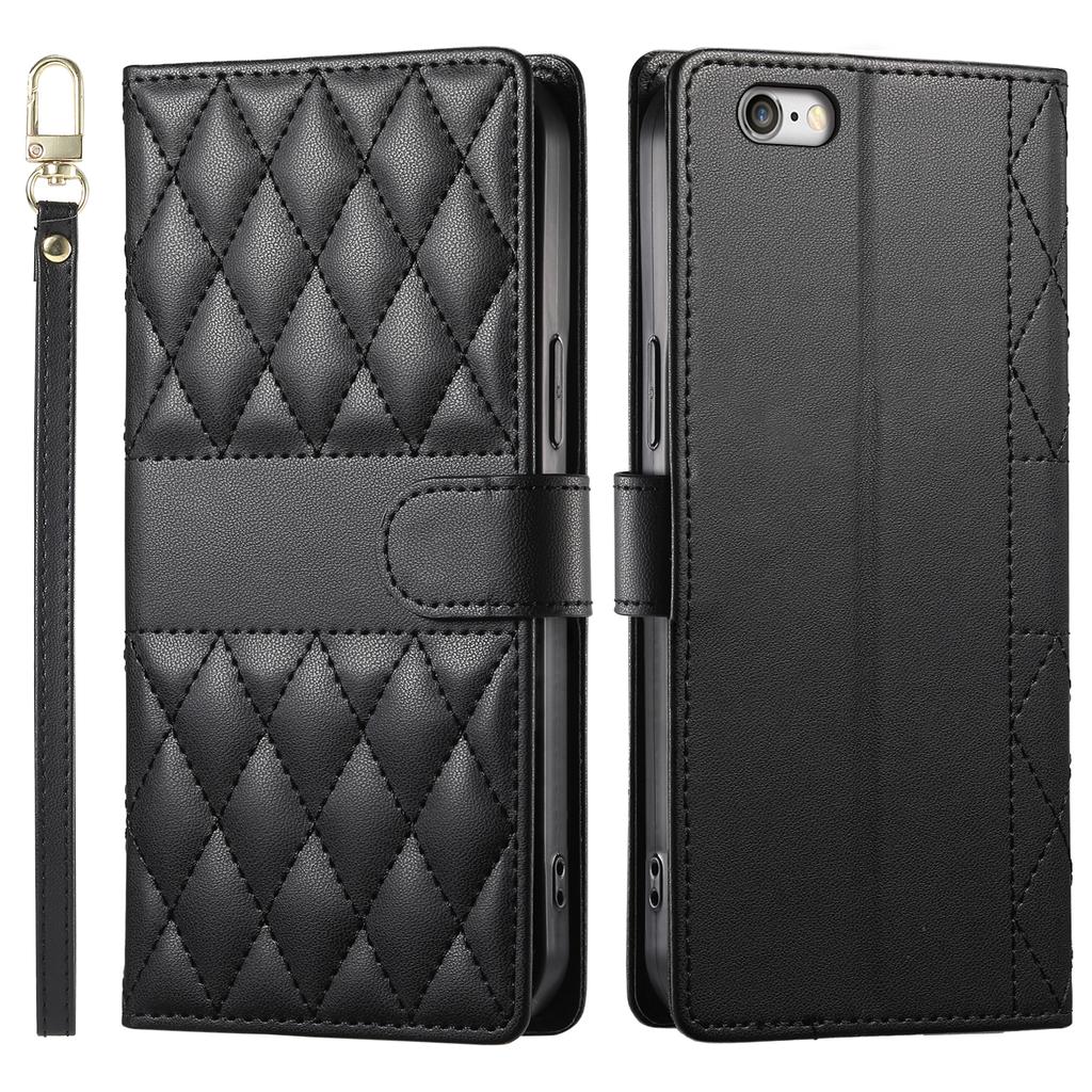 For iPhone 16e Case Rhombus Stitching Wallet Stand Leather Phone Cover with Long/Short Strap