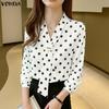 VONDA Elegant Women Tie V Neck Long Sleeve Polka Dots Casual Blouse Tops