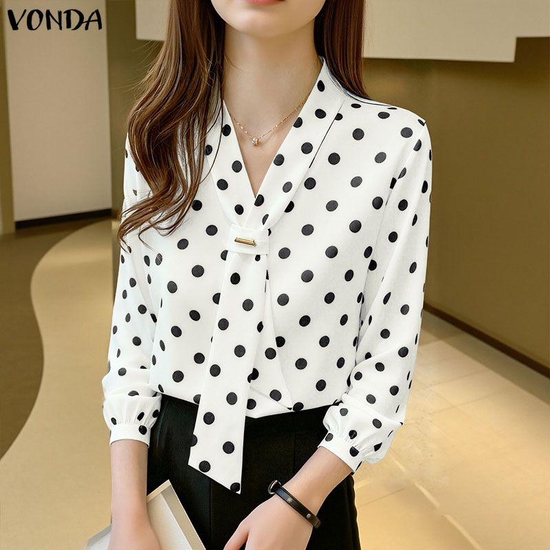 VONDA Elegant Women Tie V Neck Long Sleeve Polka Dots Casual Blouse Tops