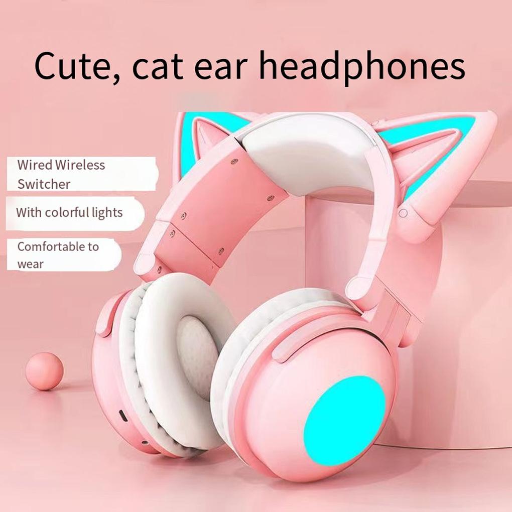 Adorable Cat Ear Wireless Earphone with Microphone Gaming Headphone Noise Cancelling Home Computer Laptop Accessory
